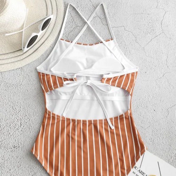 Burnt Orange Striped one piece swimsuit - Picture 2 of 2